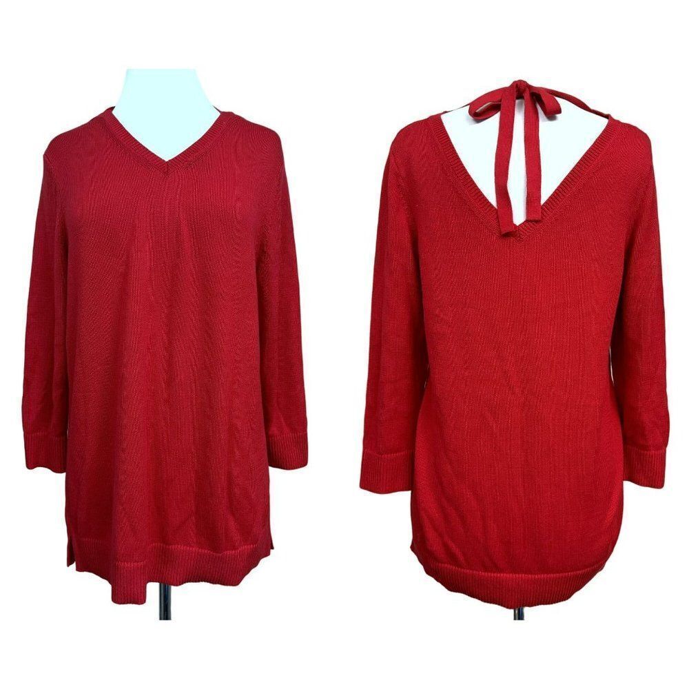 Talbots Crayon Red Pima Cotton Back Neck Tie Pullover Sweate Sz M V-Neck Tunic